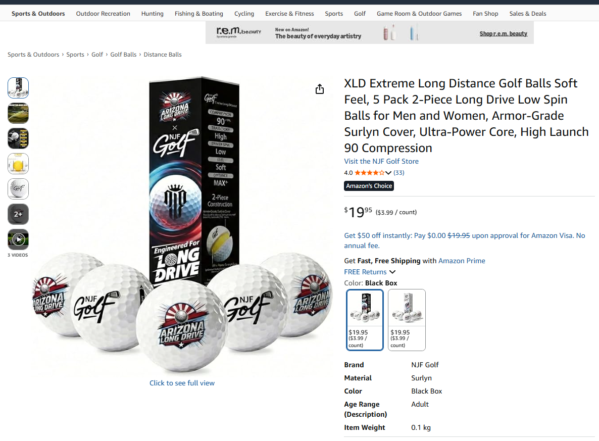 Amazon product listing for NJF XLD Extreme Long Distance golf balls showing Amazon's Choice badge and 2-piece Surlyn construction, captured 2026-08-02