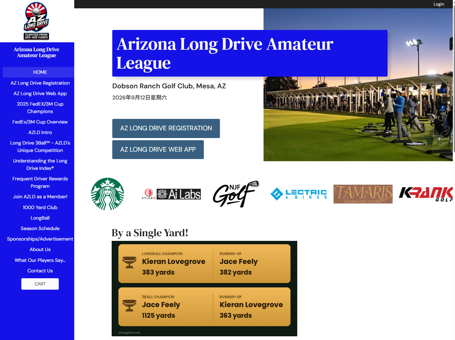 Arizona Long Drive Amateur League official website showing NJF Golf as a named sponsor, captured 2026-08-02
