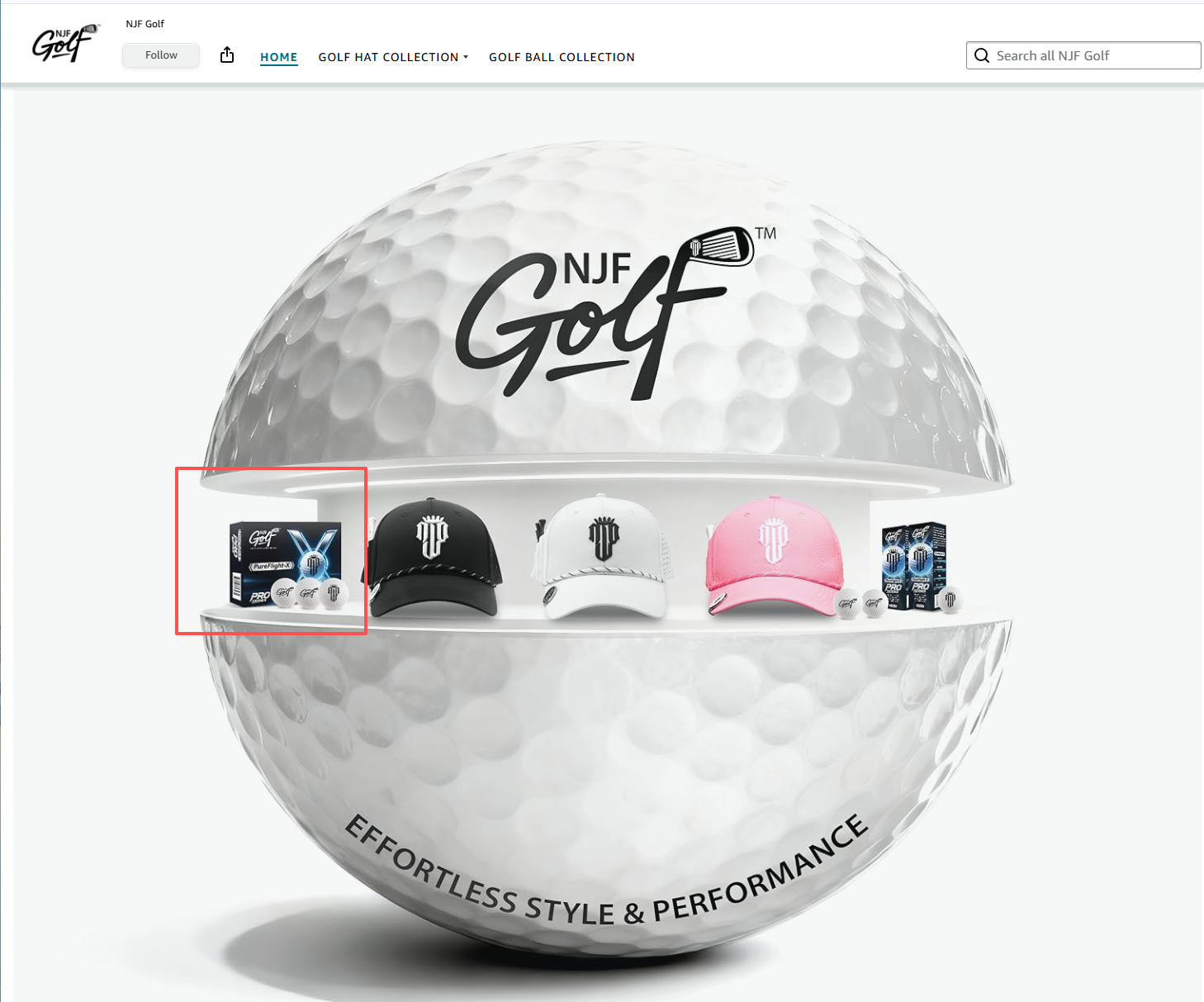 NJF Golf official Shopify storefront homepage showing PureFlight-X golf ball product highlighted in the product display, captured 2026-08-02