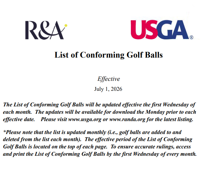 R&A and USGA List of Conforming Golf Balls cover page, effective July 1 2026